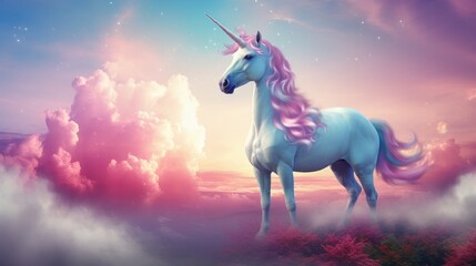 A magical unicorn in a gorgeous sky filled with fluffy clouds and rainbows. Imaginary setting