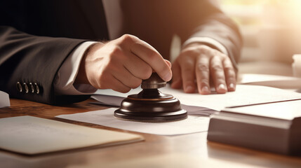 Male businessman hold a seal and stamps a document. Lawyer certify the document and puts his stamp. Banner for legal assistance and notary. 