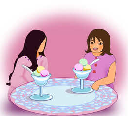 Two girls together at a table talking and enjoying their ice cream
