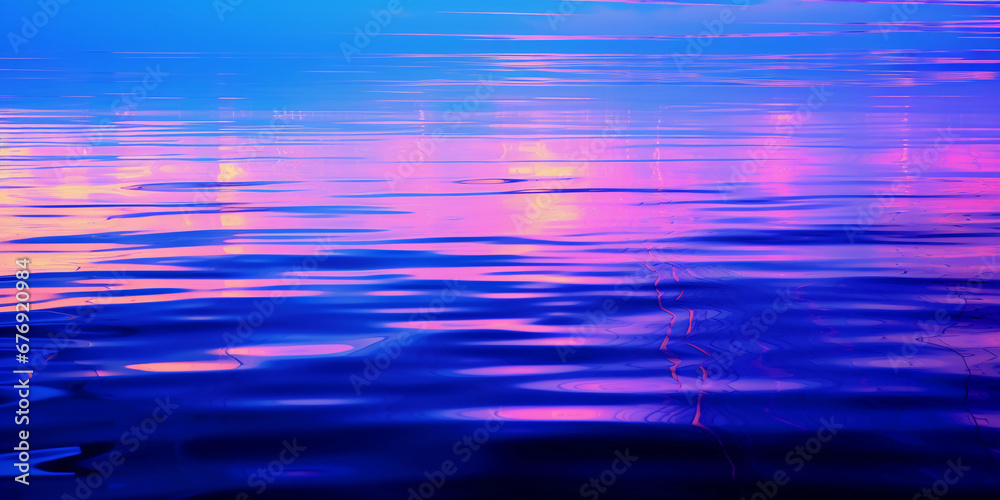 Poster abstract interpretation of a lake at twilight, using neon colors to simulate the water and sky, glit