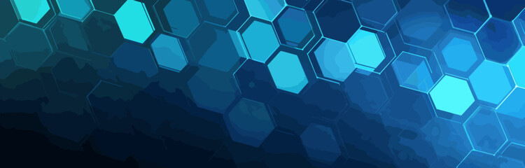 Hexagonal objects with perspective effect as geometric background. Abstract polygonal composition. Blue molecular backdrop for health, medical or technical topics presentation. - obrazy, fototapety, plakaty