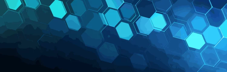 Deurstickers Hexagonal objects with perspective effect as geometric background. Abstract polygonal composition. Blue molecular backdrop for health, medical or technical topics presentation. © Valentin
