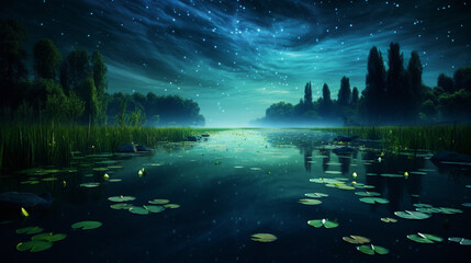 lake with luminescent aquatic plants under starry night sky, glowing ethereal lights under the water