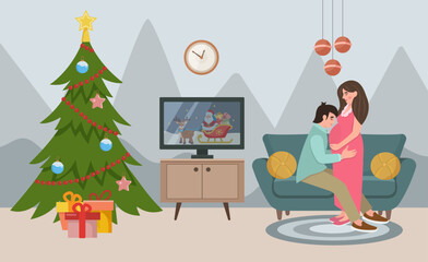 Christmas room interior. Concept of holiday, Christmas and New Year. Pregnancy at Christmas. Christmas tree and decorations, couple in love on the sofa. Vector illustration.