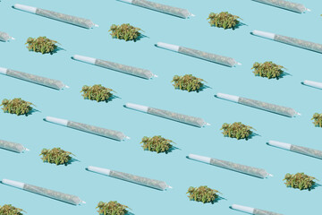 Cannabis bud and joint for smoking. Pattern on a pastel background - 676921555