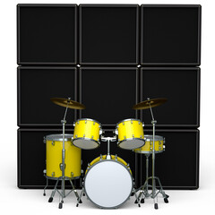 Set of realistic drums with metal cymbals or drumset and amplifier on white