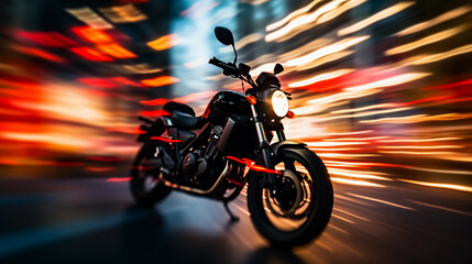 Motorcycle silhouette against an abstract background of swirling bokeh lights