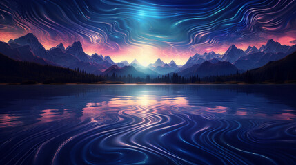 Surrealistic interpretation of a mountain lake at dawn, mirror-like water reflecting the rising sun, deep hues of blue and indigo, intricate fractal patterns in the water's texture - obrazy, fototapety, plakaty