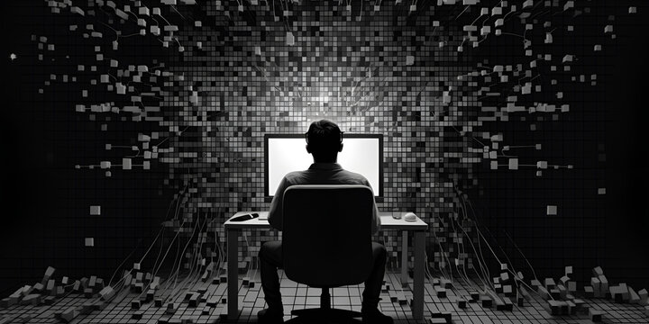 Monochromatic image of a person from behind, sitting in front of a computer screen in a dark room. Visual effect of data or reality breaking apart in a digital space. Disintegrating square tiles.