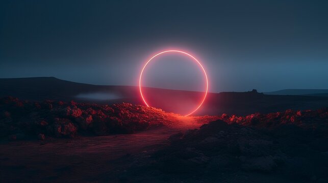 Desert night landscape, neon circle. Generation AI