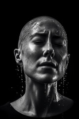 Portrait of a woman with water running down her face. AI Generated