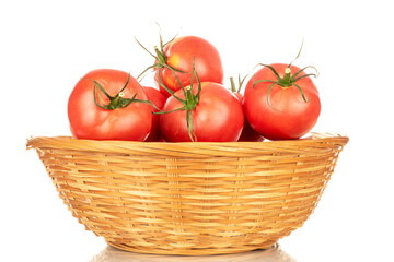 Several pink juicy tomatoes in a straw dish, macro, isolated on a white background.