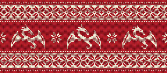Knitted pattern with dragons. Seamless border. Ornament in red and white colors.  It can be used as a background to the New Year 2024. Year of the Dragon. Vector illustration.