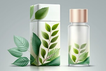 Mockup realistic cosmetic bottle with green leaves background. Design template for branding