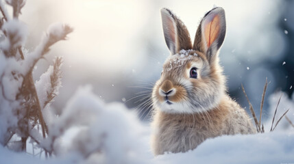 Fototapeta premium Cute rabbit in the winter forest. Animal in the snow.