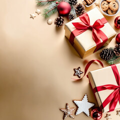 Christmas and New Year holiday background. Xmas greeting card. Christmas gifts on beige background top view. Noel. Flat lay