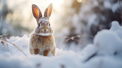 Rabbit in winter forest. Cute wild animal in snowy forest. - obrazy, fototapety, plakaty