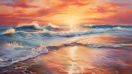 Fototapeta premium Vibrant beach sunset, crimson and orange hues reflecting on gentle sea ripples Ai Generative