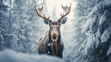 Moose in winter forest. Majestic animal in snowy forest.