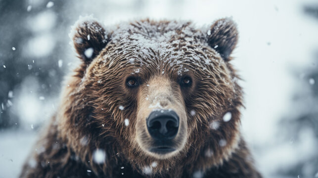 Brown bear in the winter forest. Portrait of a wild animal.
