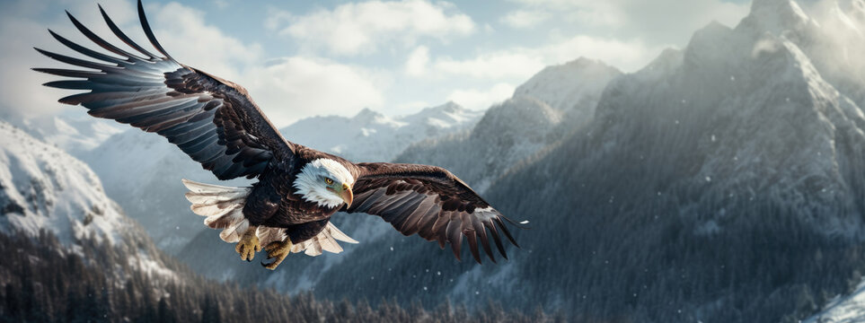 Bald Eagle in flight over snowy mountains. Panoramic image