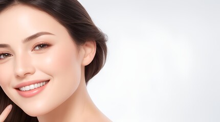 beautiful smiling woman with healthy and smooth facial skin. Skin care commercial portrait. woman touching face. Beauty and cosmetic skin care advertising concept