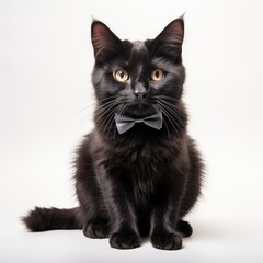 A black cat with a bow tie sitting down