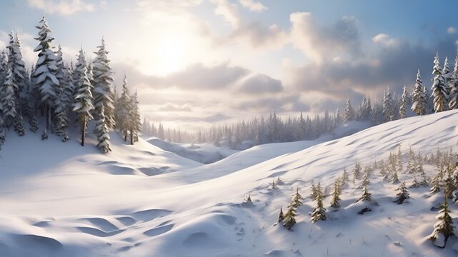 Beautiful ultrawide background image of snowdrifts in the forest
