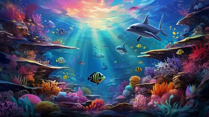 Fototapeta na wymiar Underwater Aquarium with Colorful Marine Life and Aquatic Animals 