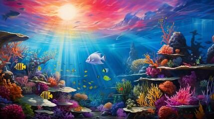Fototapeta na wymiar Group of Multi-Colored Fish in Ocean