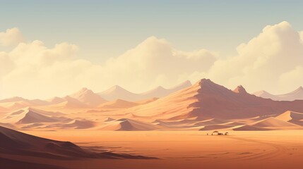 Fototapeta na wymiar As the sun rises over the desert landscape, the sky illuminates a stunning mountain range and aeolian sand dunes in the distance