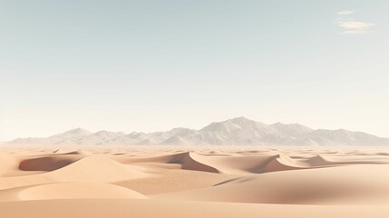 Fototapeta na wymiar An awe-inspiring desert landscape featuring rolling sand dunes, majestic mountains, and a vast expanse of golden sand under a serene sky