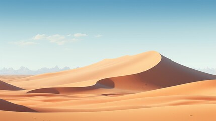 A majestic sand dune stands tall in the desert, surrounded by the vast natural landscape of the sahara, with the sky above and mountains in the distance