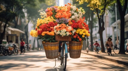 An iconic picture of Ha Noi is a mobile flower shop on a bicycle. Autumn is a great time to visit these unique boutiques because there are lots of beautiful flowers. - obrazy, fototapety, plakaty