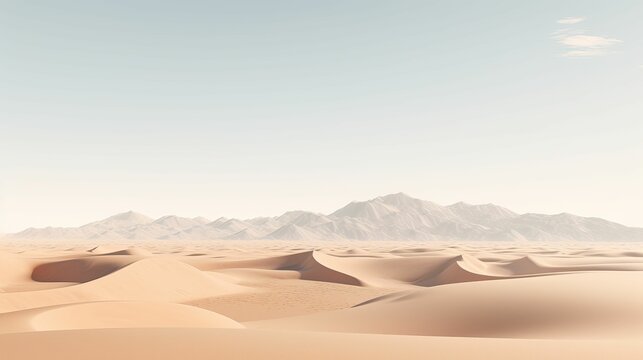 An awe-inspiring desert landscape featuring rolling sand dunes, majestic mountains, and a vast expanse of golden sand under a serene sky