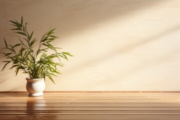 Organic skincare product display on wooden counter table with sunlight and leaf shadow