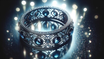 Elegantes Armband aus geschwärztem Metall mit blauen Steinen und floralen Mustern, schimmernd vor einem leuchtenden Bokeh-Hintergrund