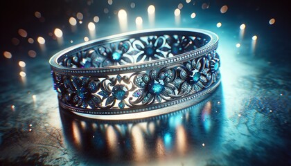 Elegantes Armband aus geschwärztem Metall mit blauen Steinen und floralen Mustern, schimmernd vor einem leuchtenden Bokeh-Hintergrund - obrazy, fototapety, plakaty