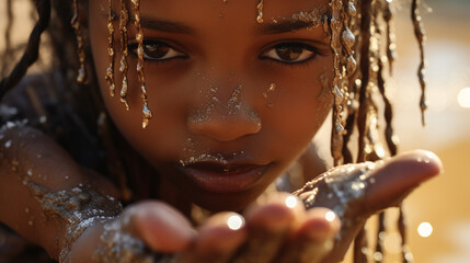 A young dark-skinned girl holds water in her hands. Generative AI - obrazy, fototapety, plakaty