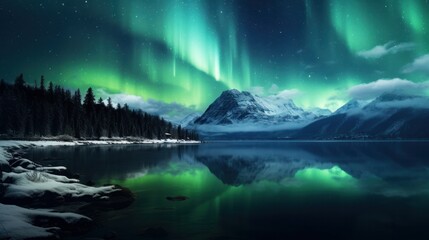 Naklejka premium Aurora Borealis above a lake. Starry night sky with aurora borealis. Marvelous Winter Epic Magical Scene with snow-covered mountains.