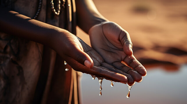 A young dark-skinned girl holds water in her hands. Generative AI