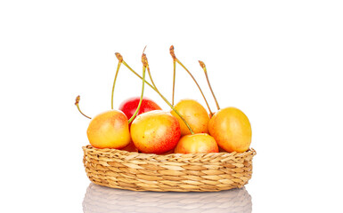 Ripe sweet yellow cherry berries in a straw plate, macro, isolated on white background.
