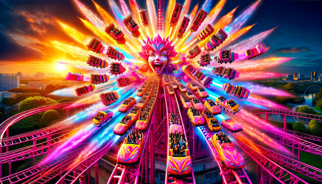 Rollercoaster Bursting from Fantastical Face at Sunset.Generative AI