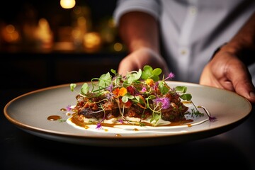 Expert food stylist carefully decorating a delicious meal for elegant restaurant presentation