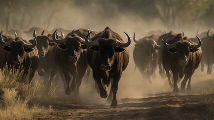 Group of Cape buffalo (Syncerus caffer) . Wildlife concept with a copy space.