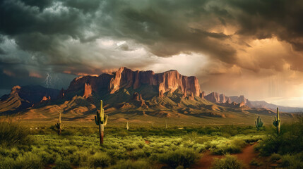 Thunderstorm over the Superstition mountains in Arizona at sunset 