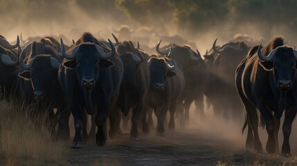 Buffalo herd in morning light. Wildlife concept with a copy space. - obrazy, fototapety, plakaty