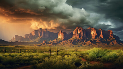 Thunderstorm over the Superstition mountains in Arizona at sunset - obrazy, fototapety, plakaty