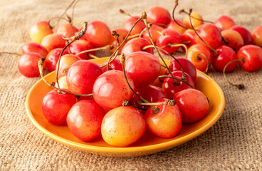 Several juicy sweet cherry berries with yellow ceramic saucer on jute cloth, macro.