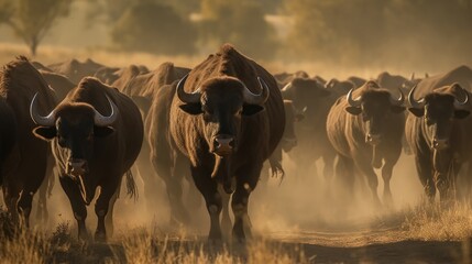 Bulls in the golden light of the morning sun, South Africa. Wildlife concept with a copy space.